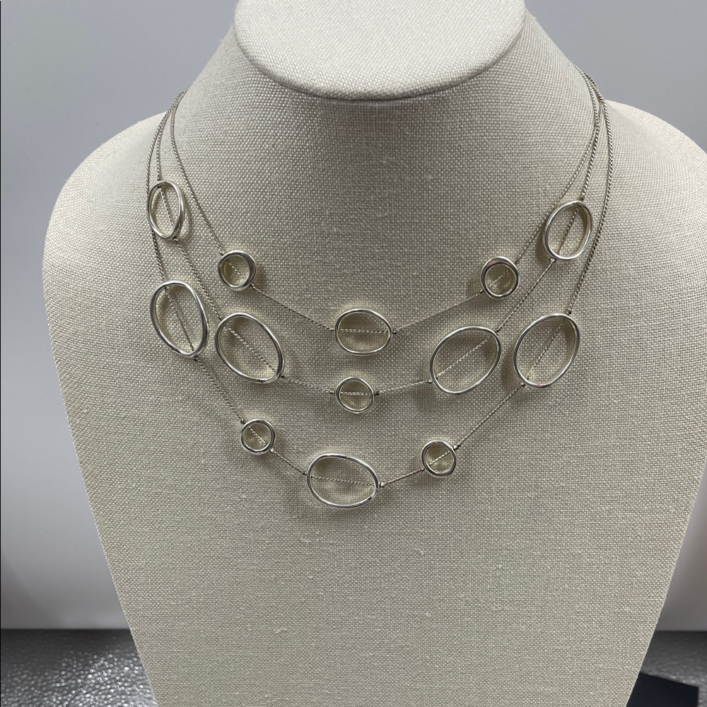 2.12.26-4 Chico’s Elegant Silvertone 3-Strand Necklace with Circular Accents